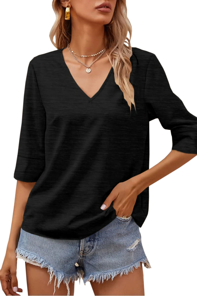 Grlasen Women's Fashion Half Sleeve V-Neck T-Shirt Solid Loose Basic top