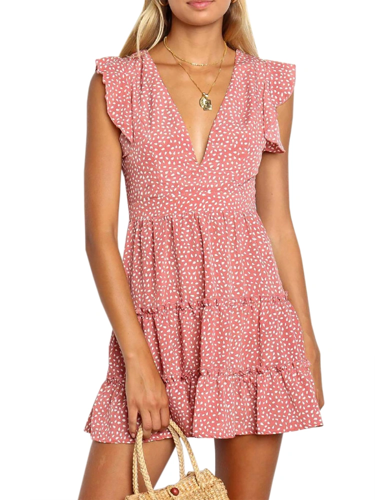 Women Floral Mini Dress Sexy V Neck Ruffle Flutter Sleeve Polka Dot Summer Dresses