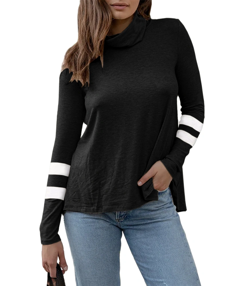 MIRACMODA Fashion Striped Women Sweatshirts Long Sleeve Loose Fit Turtle Neck Blouse Shirts Tee