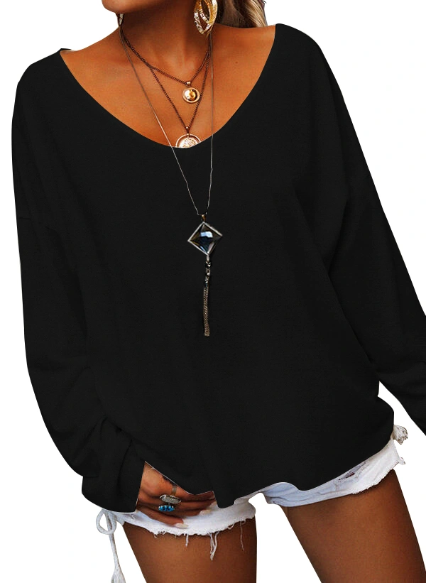 GIBLY Women's V-Neck Long Sleeves Tunic Top Solid Casual Loose Basic Tops