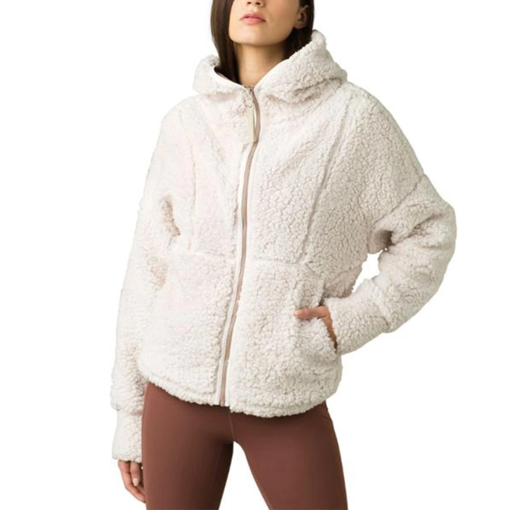 Women's Zipper Closure Hooded Fur Coat Solid Color Splicing Jacket With Pockets