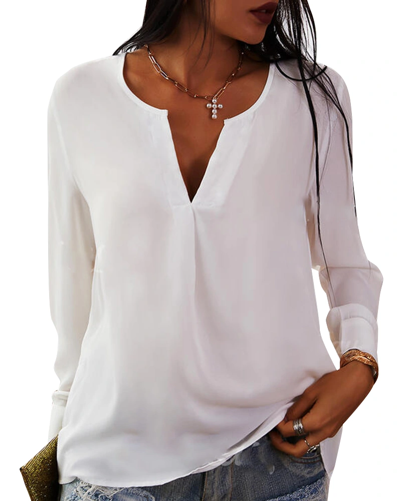 Women's V Neck Long Sleeve Casual Blouse Chiffon Loose Tunic Shirt Tops