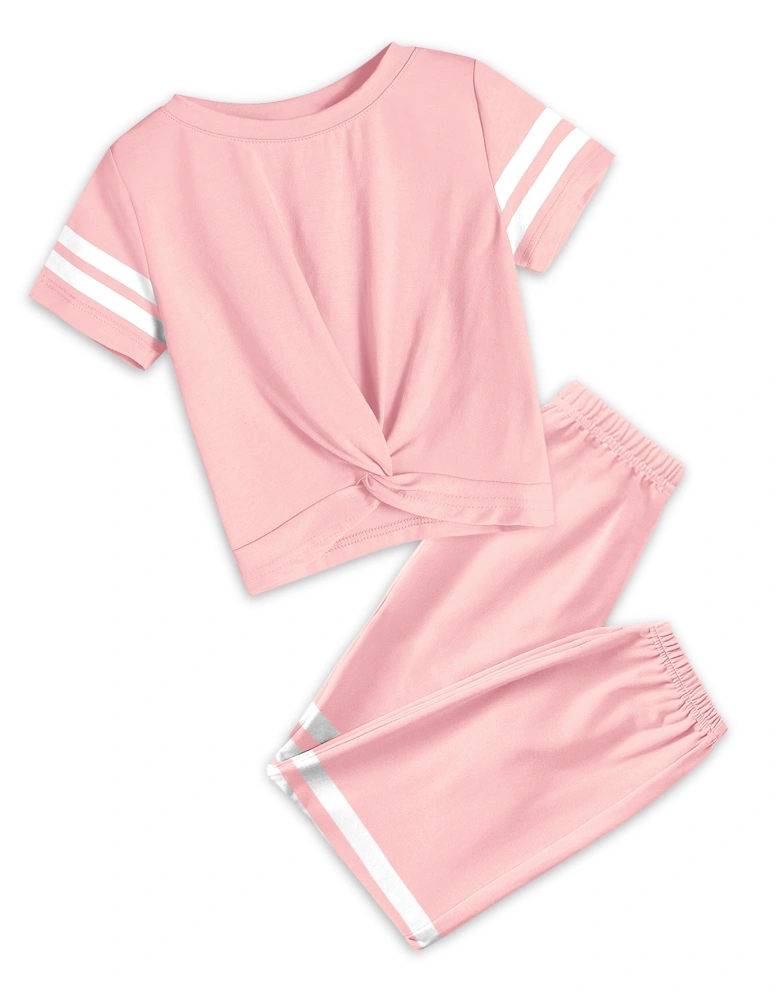 Kids Girls Pant Sets 2 Pieces Outfit Sets Casual Striped Crop Tops and Sweatpants Tracksuits