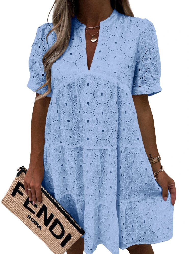 Imily Bela Womens Summer Lace Dresses Eyelet Casual Flowy Babydoll Swing Short Sleeve V Neck Tunic Dress