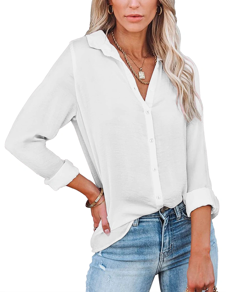 Womens V Neck Button Down Shirts Long Sleeve Blouse Business Casual Work Plain Tops