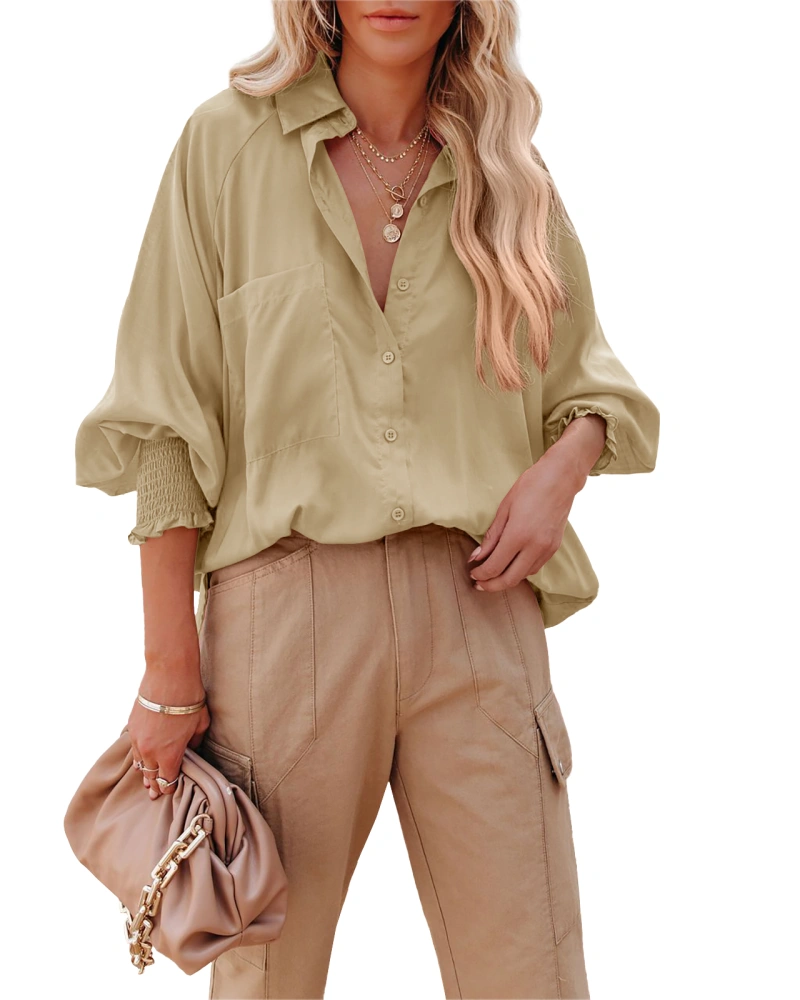 Womens Oversized Button Down Shirts Collared V Neck Lantern Sleeve Loose Boyfriend Blouse Tops