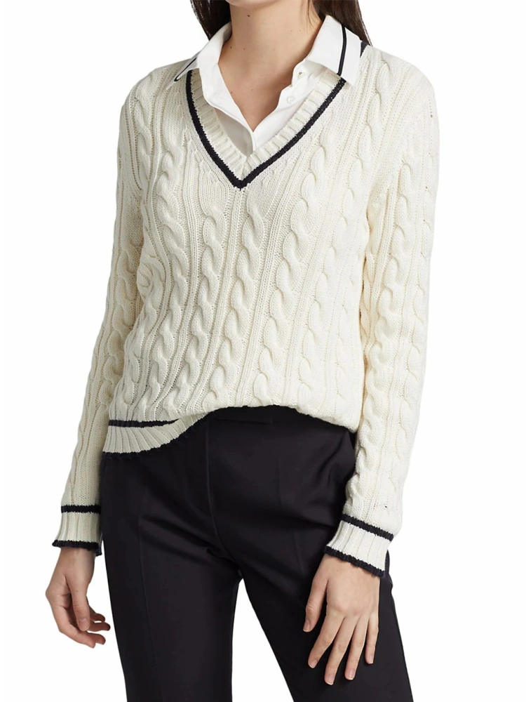 Womens Cable Knit Sweaters Long Sleeve V-Neck Twist Patterned Pullover Sweater