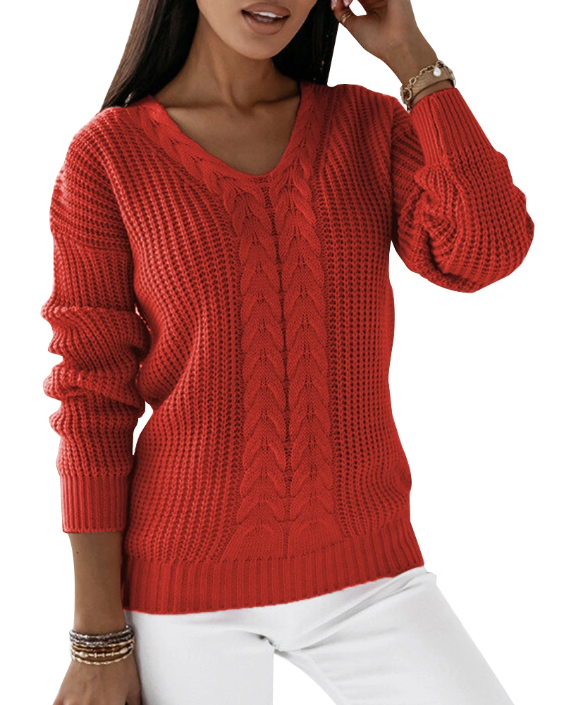 Shanfetl Women Sweaters Long Sleeve V Neck Solid Casual Knitted Pullover Tops