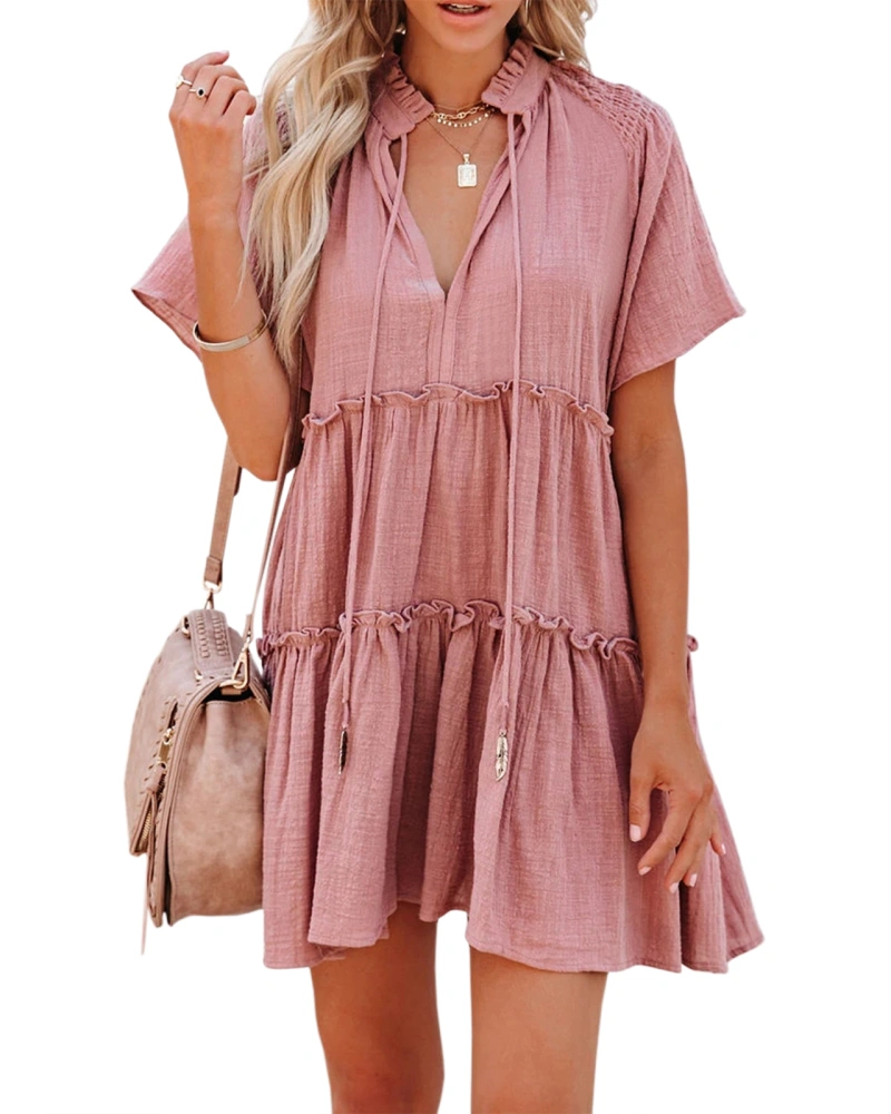 Womens Split V Neck Drawstring Neck Tie Ruffle Tiered Dress Short Sleeve Babydoll Tunic Swing Mini Dresses Sundresses