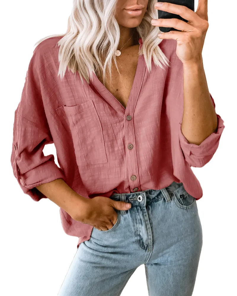 Shemoday V Neck Button Down Shirts for Women Casual Roll Up Cuffed Sleeve Loose Plain Blouse Tops with Pockets