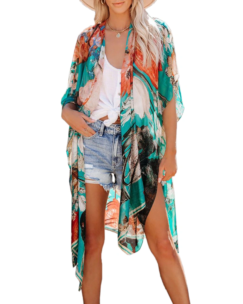 Ivay Womens Floral Kimono Duster Cardigans Short Sleeve Draped Oversized Beach Cover Up Cape