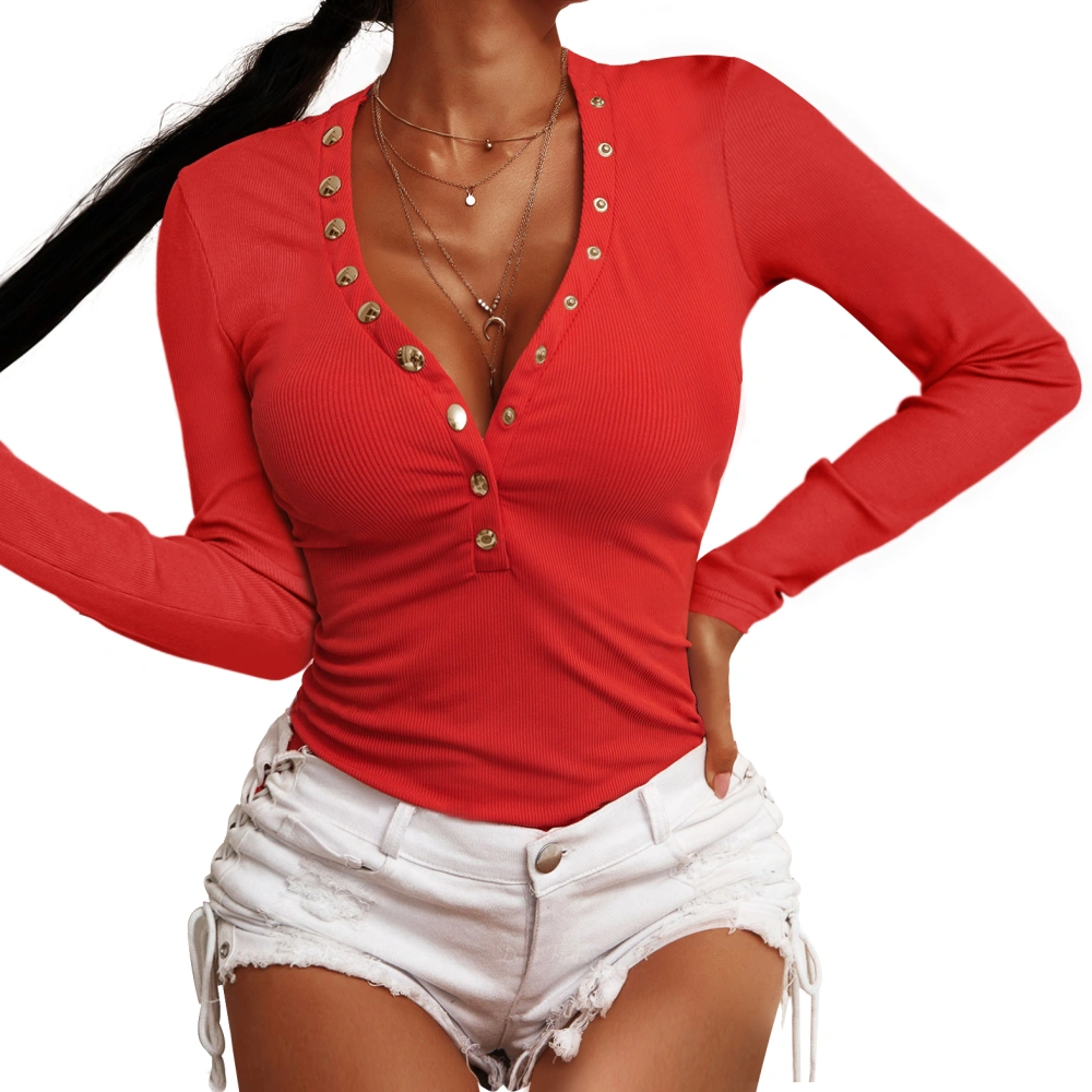 Womens V Neck Ribbed Tunic Tops Long Sleeve Low Cut Button Down Henley Shirts