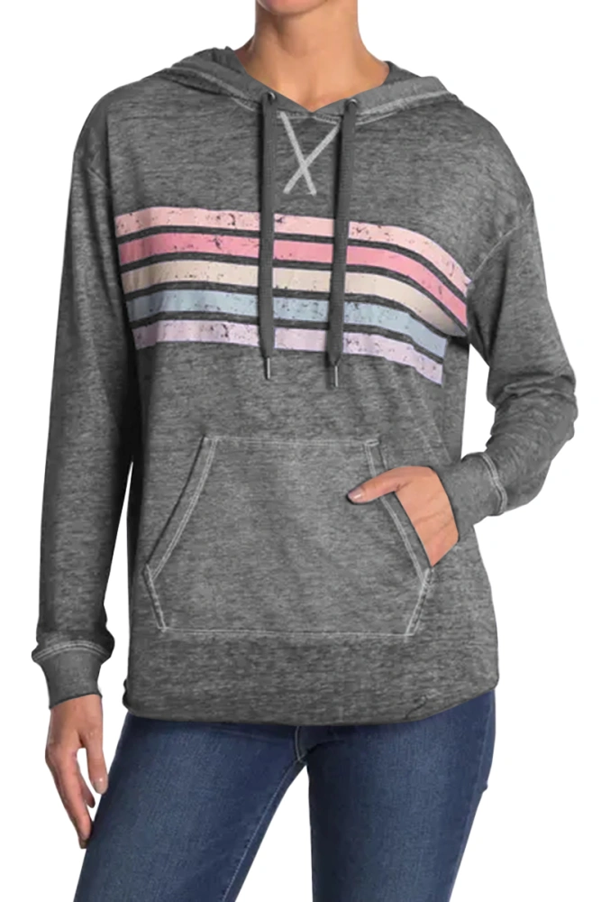 Hongqizo Womens Colorful Striped Print Regular Long Sleeve Hooded Sweatshirt With Pocket