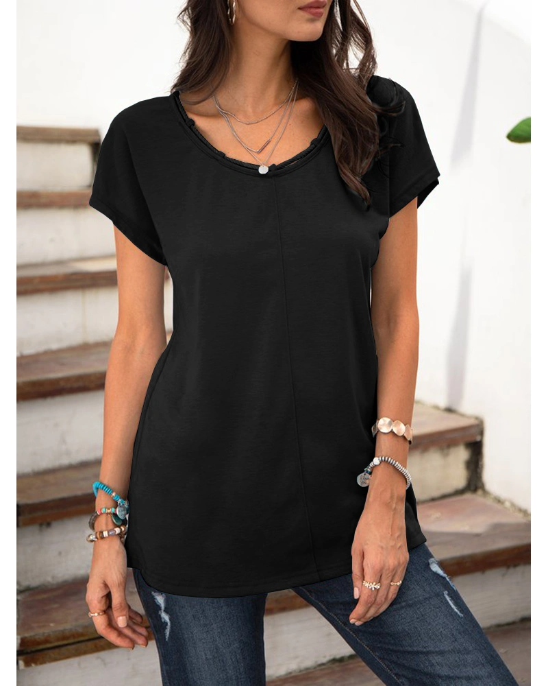 Women's V-Neck Short-Sleeved Solid Color Stitching Line Loose Casual Basic Henry Top