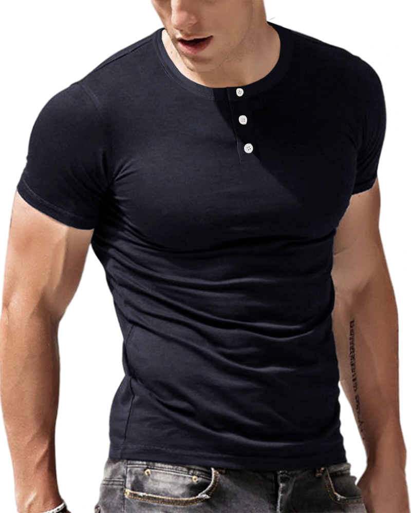 Koodred Mens Casual Stretch Henley Shirt Short Sleeve Fitness Workout Slim Fit Tee Shirts Tops