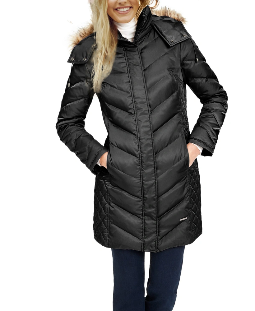 Womens Winter Thicken Puffer Coat Packable Long Down Jacket with Removable Fur Hood