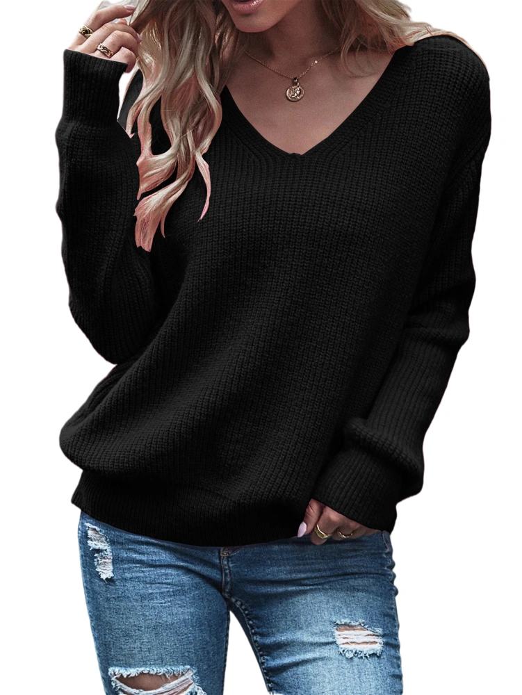 Eurivicy Women's Long Sleeve V Neck Pullover Tops Oversized Chunky Knitted Loose Jumper Sweaters