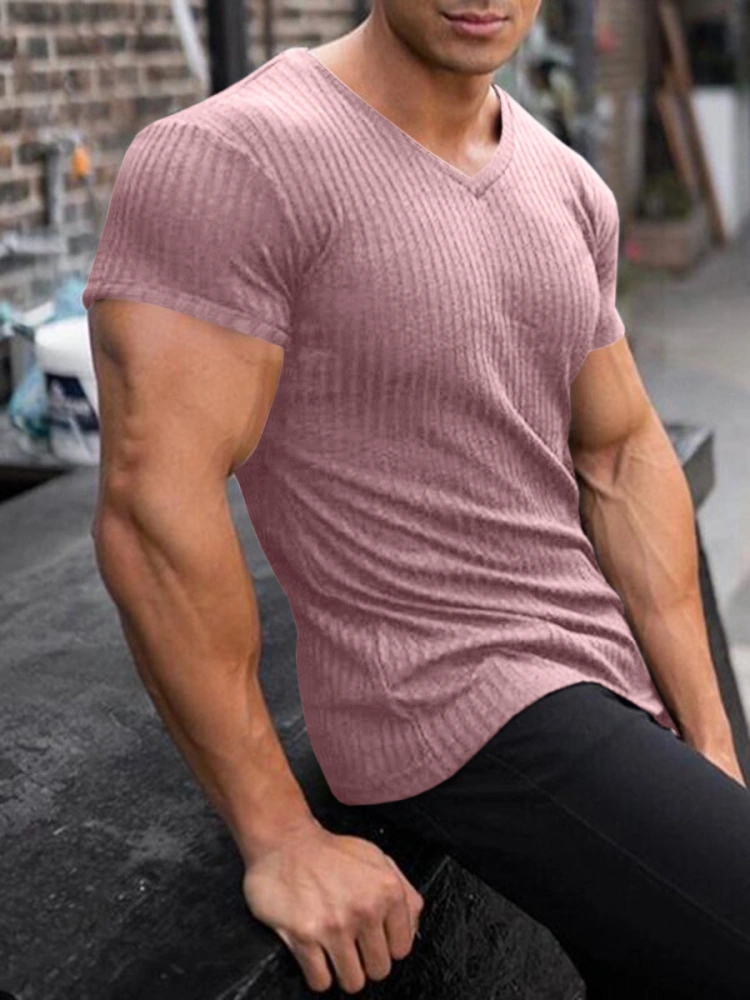 Veatzaer Men Solid Ribbed Stretch V-Neck Short Sleeve Sport Slim Knit Workout Muscle T Shirts