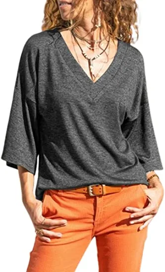 Grlasen Women's Drop Shoulder 3/4 Sleeve T-Shirt Summer V-Neck top Vintage Cotton Basic T-Shirt