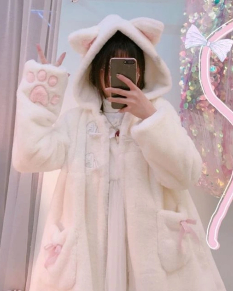 BZB Kawaii Anime Cute Rabbit Ears Hooded For Women Sweet Lovely Plush Velvet Lolita Warm Coat Jacket Parka