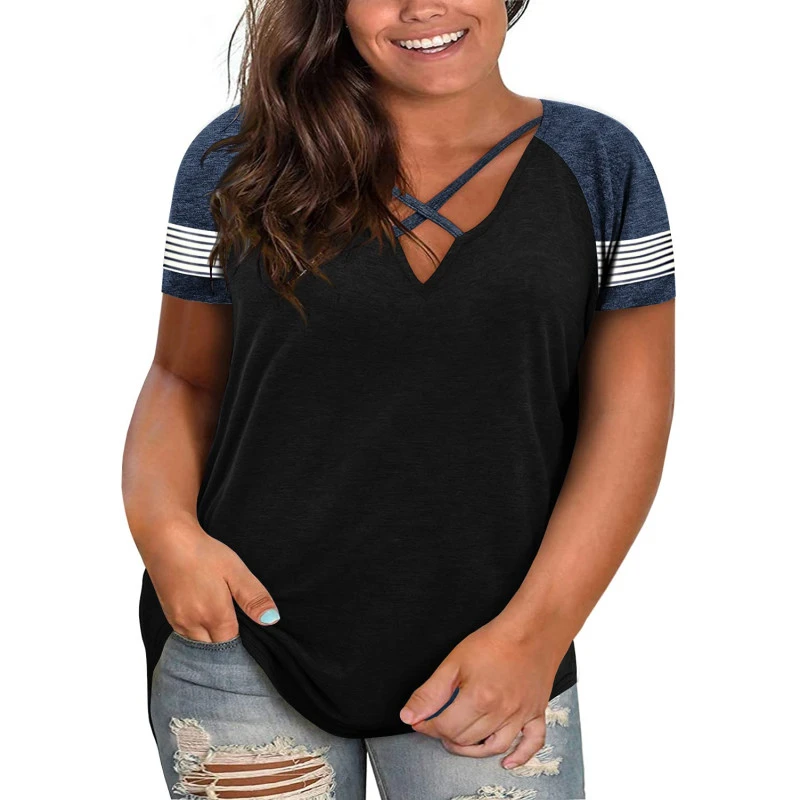 Plus Size Tops for Women Summer Short Sleeve Sexy V Neck Criss Cross T-Shirts Tunic Casual Loose Soft Tee Shirts