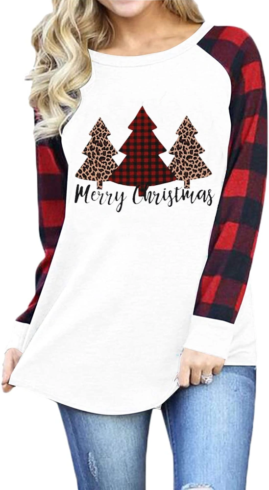 Hsdjfhe Women's Merry Christmas Shirts Funny Leopard Plaid Tree Graphic Cute Long Sleeve Crewneck Tees Tops