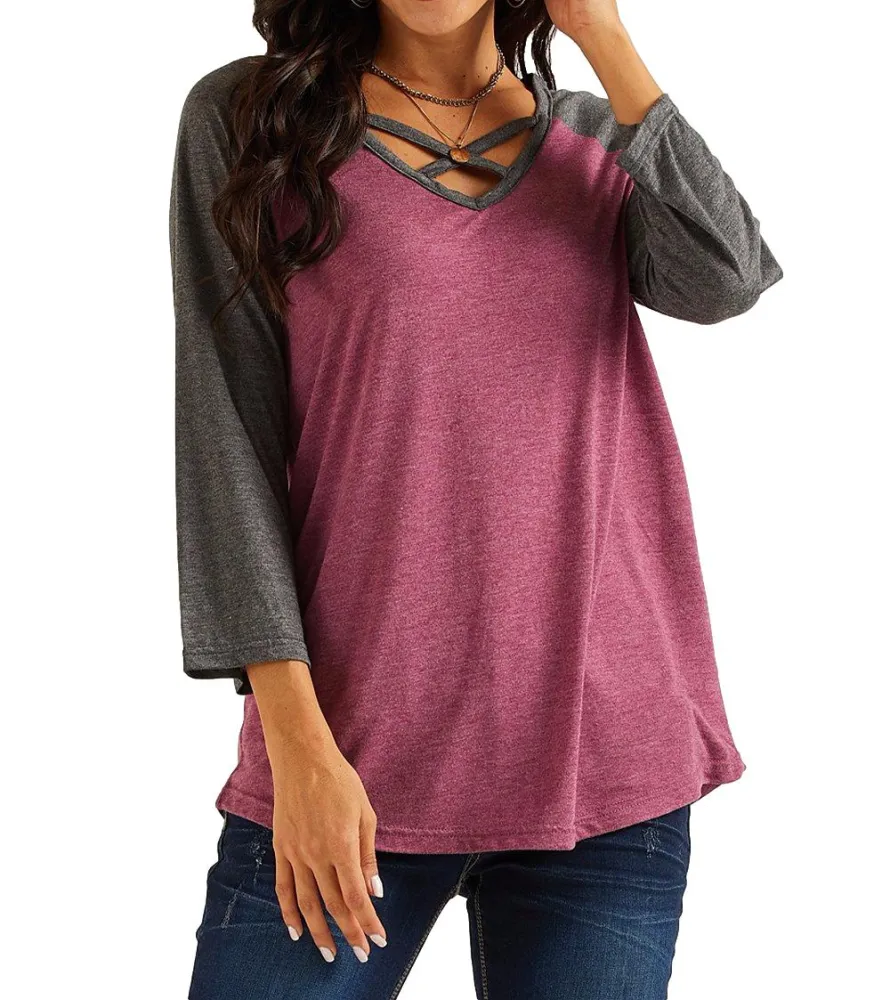 Tankaneo 3/4 Sleeve Shirts for Women V Neck Criss Cross Tops Color Block Ladies Tops Casual Loose Fit Tunic Tee Shirt