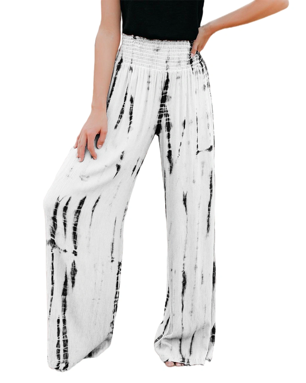 BZB Women Smocked High Waist Tie Dye Boho Pants Casual Print Wide Leg Pants