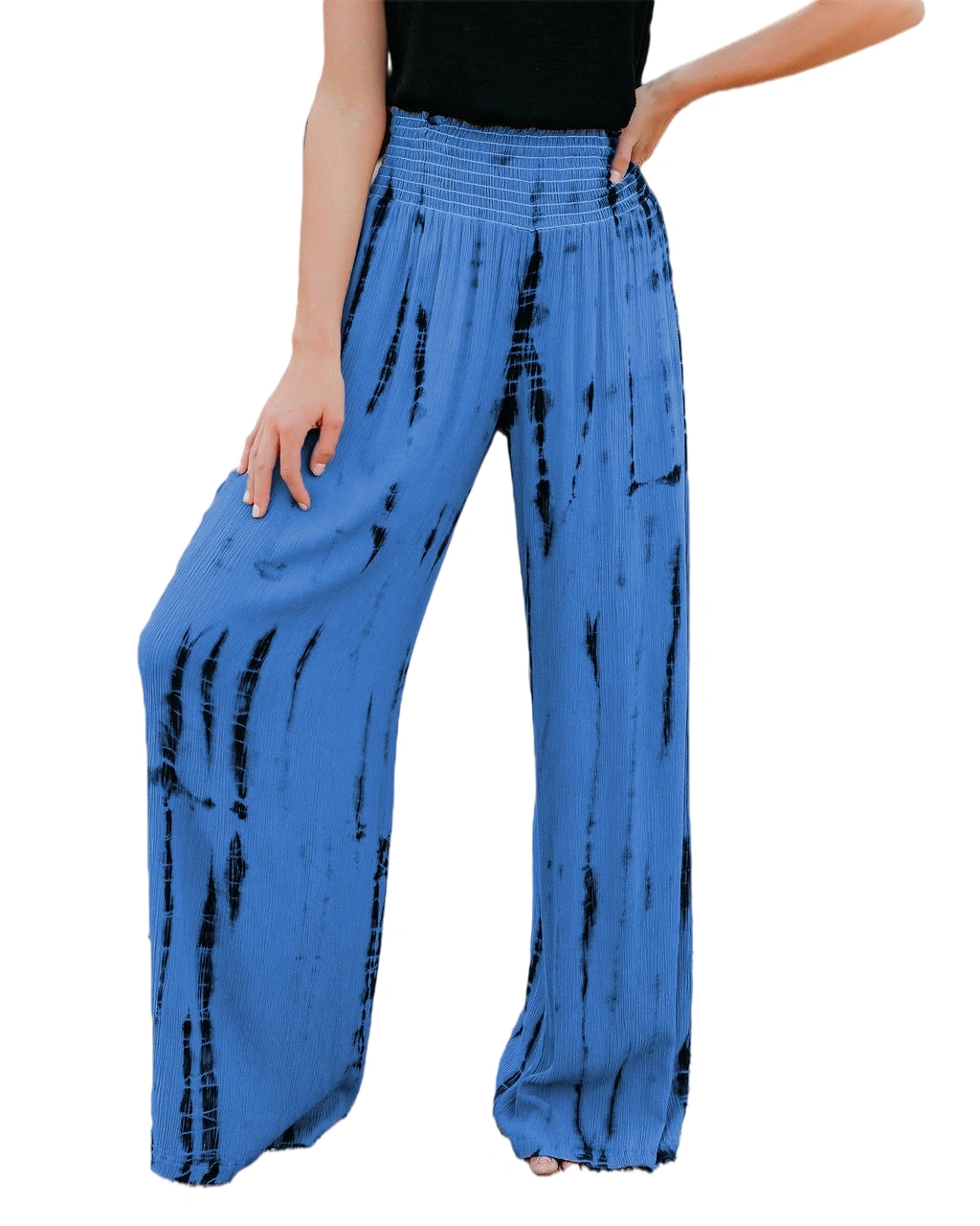 BZB Women Smocked High Waist Tie Dye Boho Pants Casual Print Wide Leg Pants