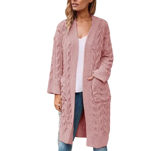 Aoysky Women's Long Sleeve Casual Loose Cable Knitted Open Front Long Cardigan Sweater Coats with Pockets