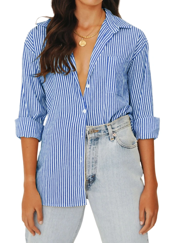 thefabland Women's Blouses Striped Long Sleeve Shirts Button Down Loose Fit Casual Tops