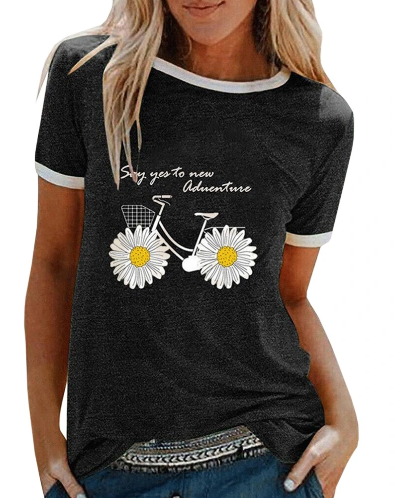 Womens Short Sleeve Daisy Bike Print T Shirts Casual Graphic Tees Summer Basic Tunic Tops