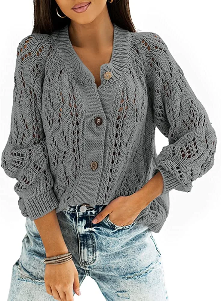 Dghaixing Womens Cardigan Sweaters Crochet Long Sleeve Open Front Button Down Cardigans Outerwear