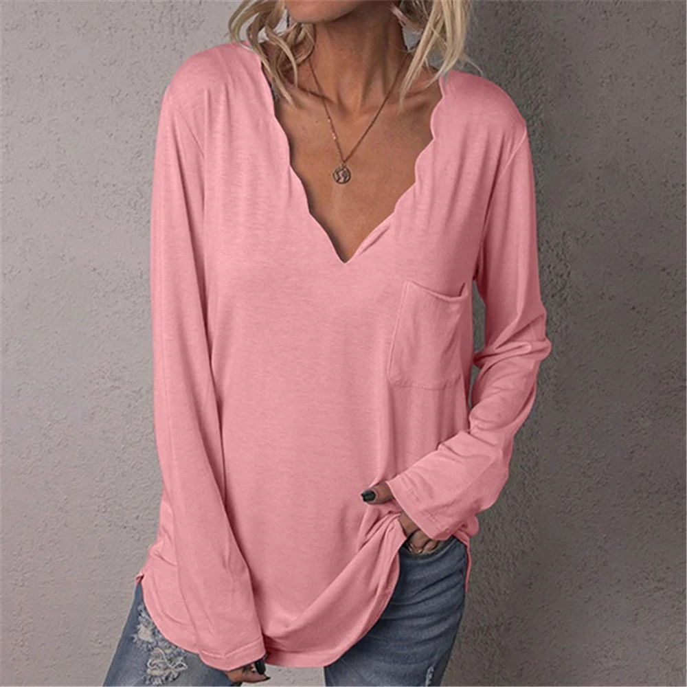 Haloumoning Womens Long Sleeve V Neck T Shirts Basic Tee Tops