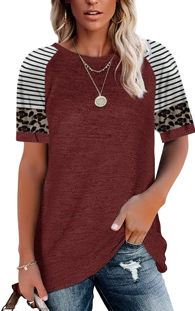 Womens T Shirts Short Sleeve Tunic Tops Loose Crewneck Color Block Casual Tee Shirts Blouses