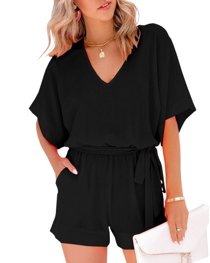 Women's Casual V Neck Rompers Short Sleeve Jumpsuit High Waist Belted One Piece Playsuit with Pockets