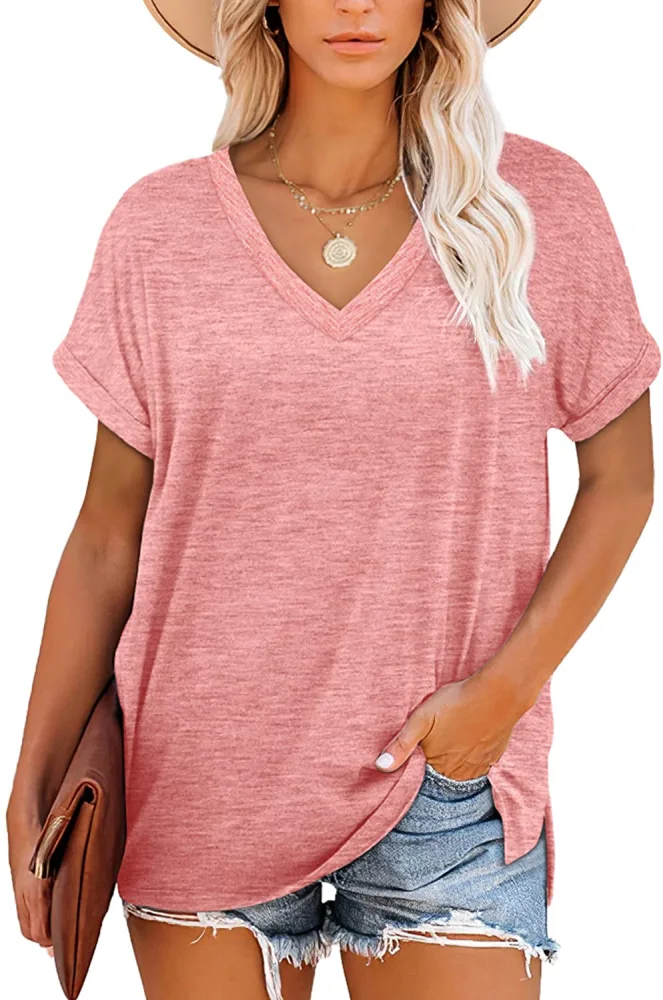 BZB Womens Short Sleeve Shirts V Neck Roll Sleeve Tshirts Casual Side Split Summer Tee Tops