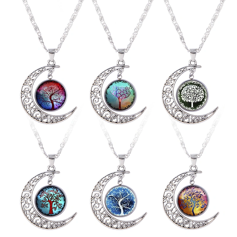 Colorful Tree Of Life Glass Necklace For Women Girls Vintage Hollow Moon Pendant Necklace Birthday Jewelry