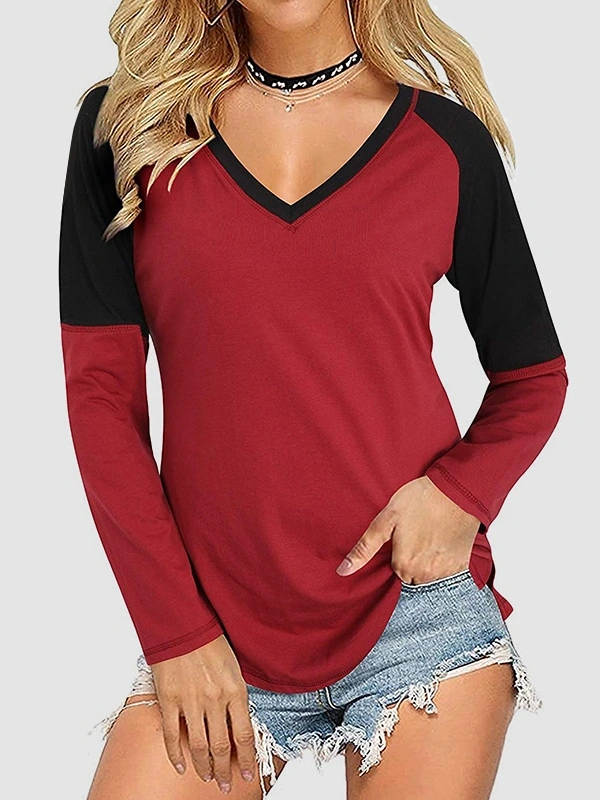 Aoysky Women's Long Sleeve V Neck T Shirts Color Block Summer Basic Tee Tops