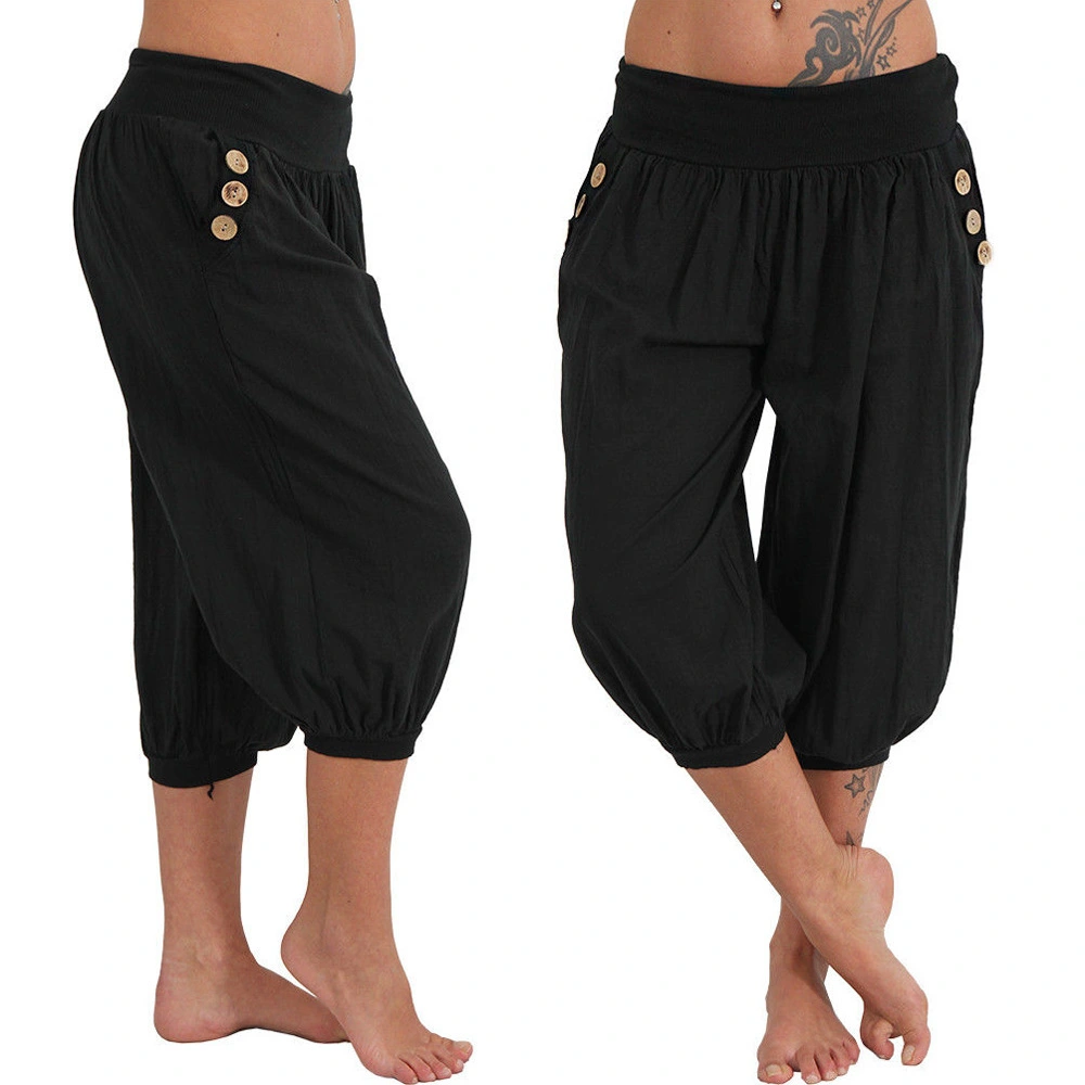 Veatzaer Women's Elastic Waist 3/4 Capri Harem Pants with Pockets Casual Loose Solid Yoga Trousers S-XXL