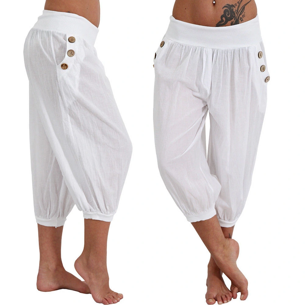 Veatzaer Women's Elastic Waist 3/4 Capri Harem Pants with Pockets Casual Loose Solid Yoga Trousers S-XXL