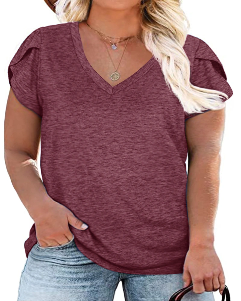 Womens Plus Size Tops V Neck T Shirts Casual Loose Petal Sleeve Tee Shirts