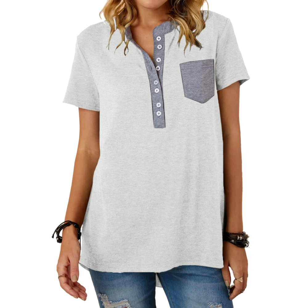 Sovelen Women's Casual V Neck Short Sleeve Henley T Shirts Button Down Patchwork Loose Tees Tops with Pocket