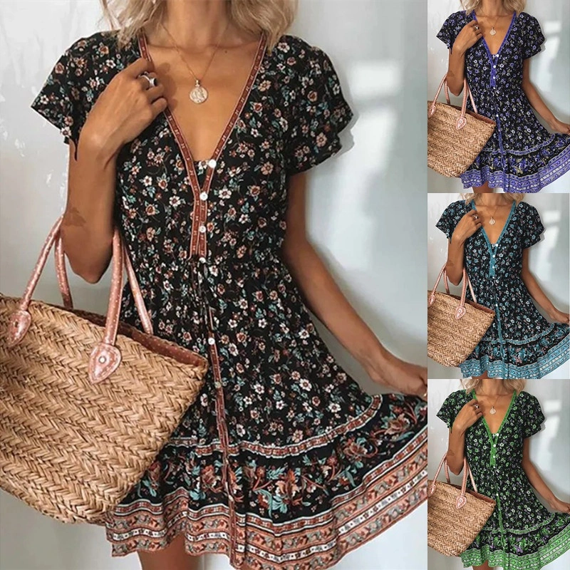 Juybenmu Women Floral Print Vee Neck Short Sleeve Dress Bohemian Single Breasted Knee Length Flowy Beach Mini Dress