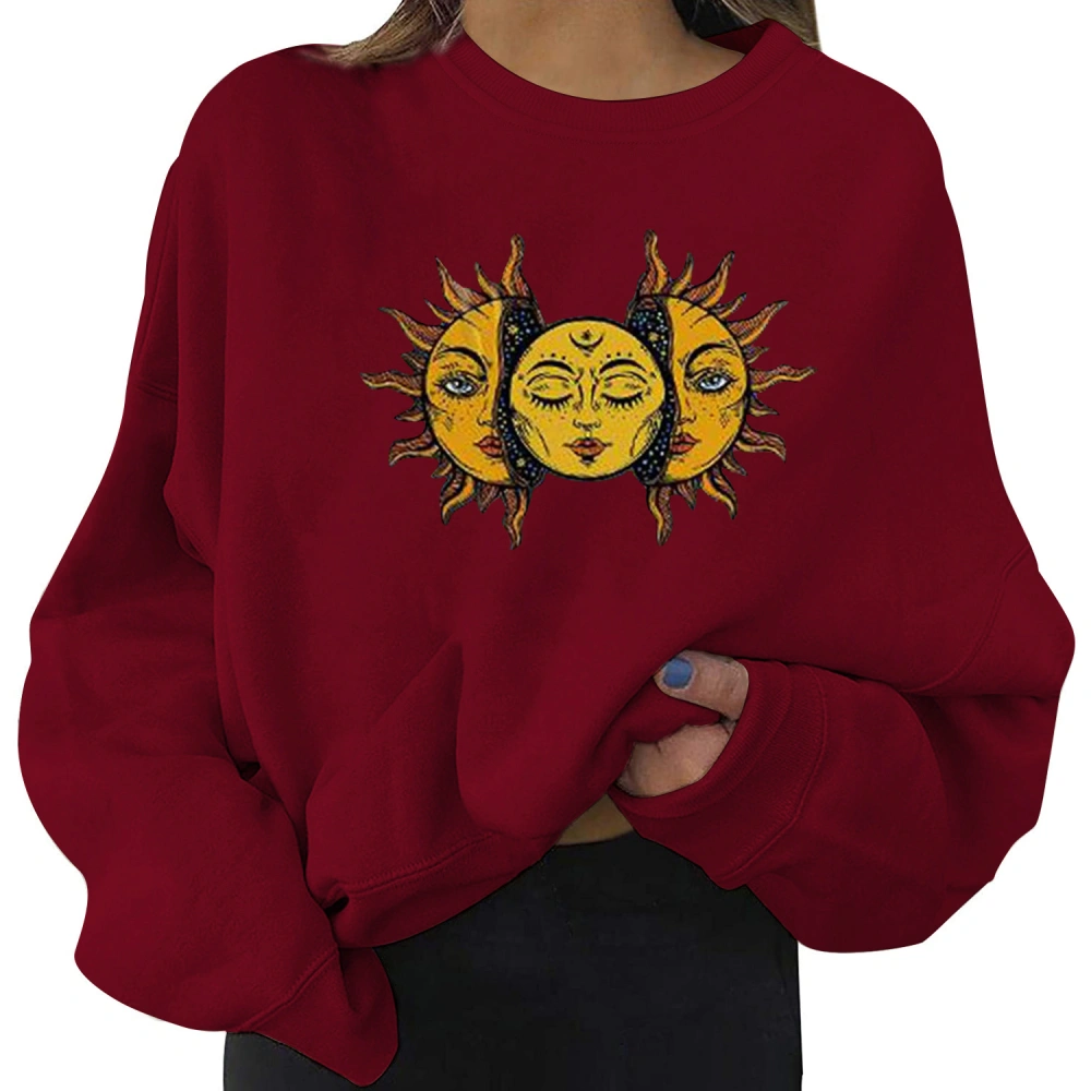 Womens Fleece Lined Hoodies Oversized Sweatshirt Long Sleeve Shirts Novelty Moon and Sun Printed Pullover Sweaters