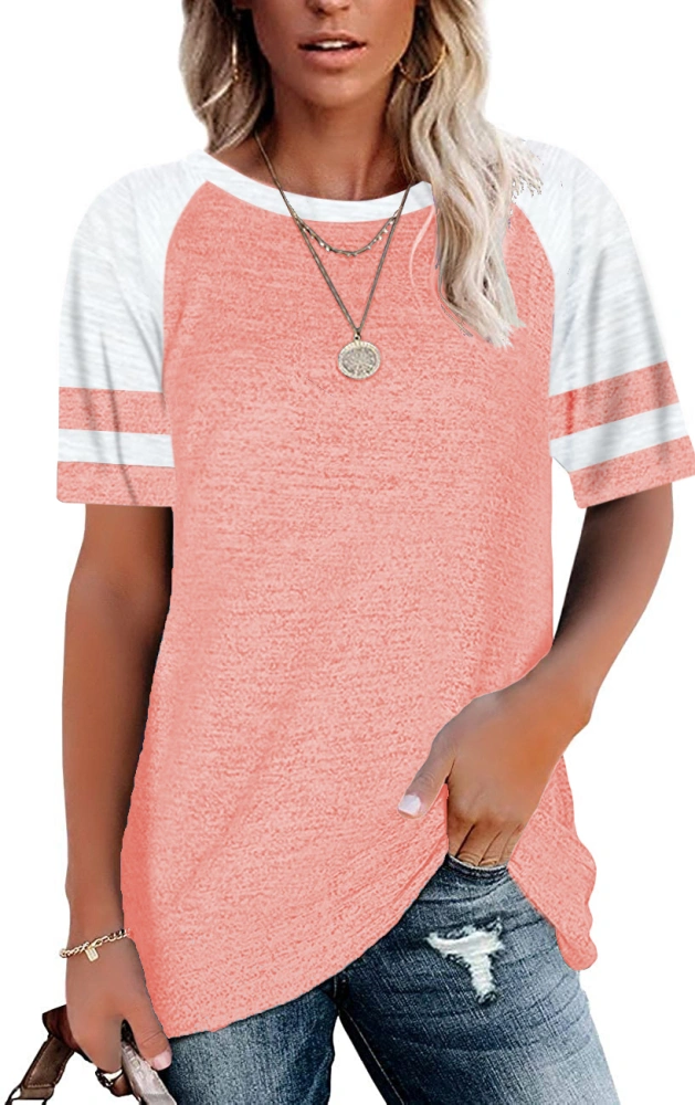 Womens T Shirts Short Sleeve Tunic Tops Loose Crewneck Color Block Casual Tee Shirts Blouses