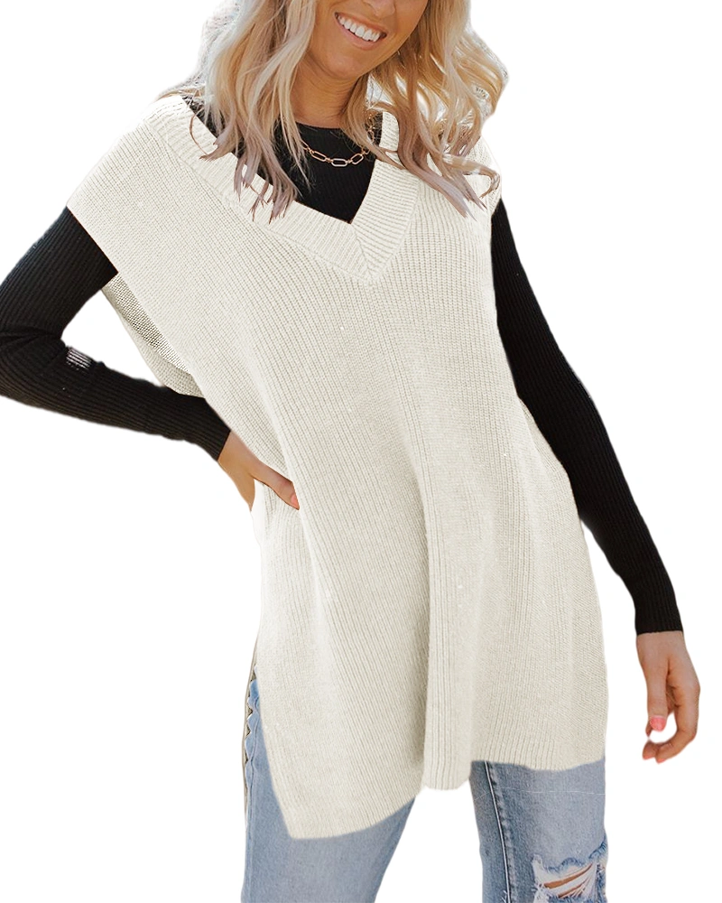 Qianxitang Women's Cable Knit Oversized Sweater Vest V Neck Sleeveless Knitwear Loose Sweaters Tops