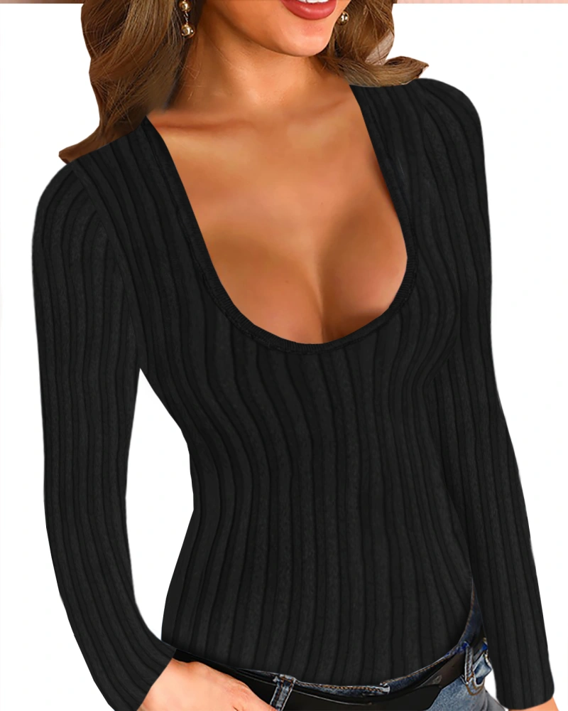 Womens Sexy Sweaters Low Cut Scoop Neck Bodycon Long Sleeve Winter Pullover Tops