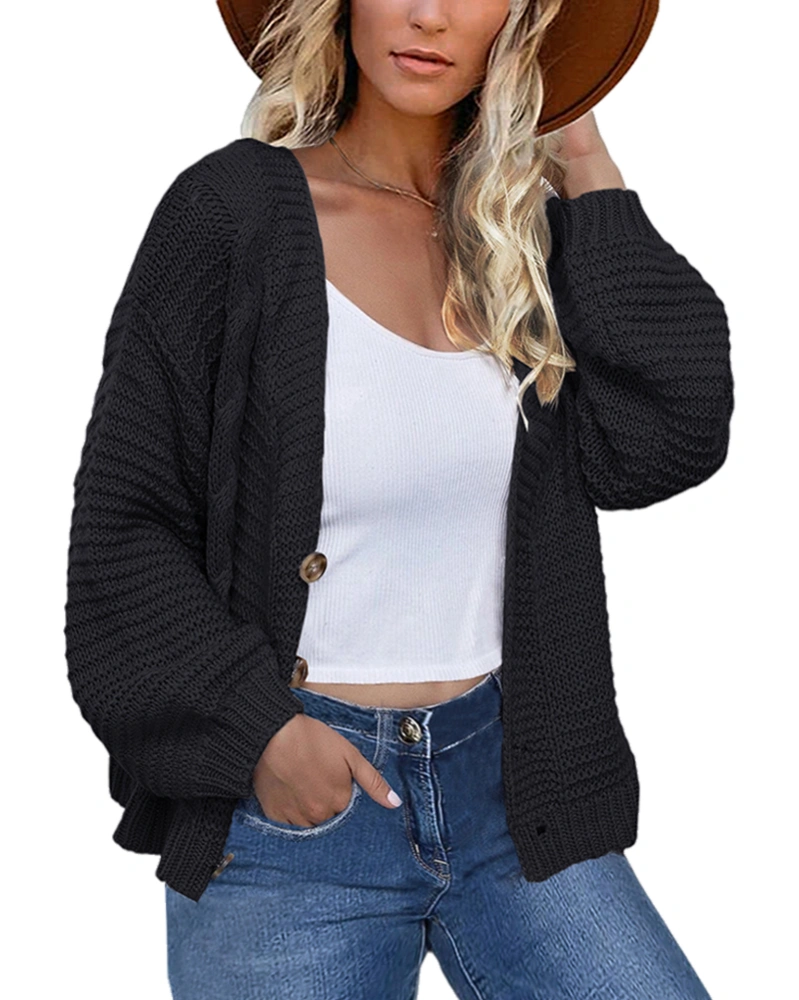 BRUBOBO Women's Cable Knit Button Down Cardigan Sweaters Lantern Long Sleeve Chunky Casual Fall Sweater Coats Outerwear