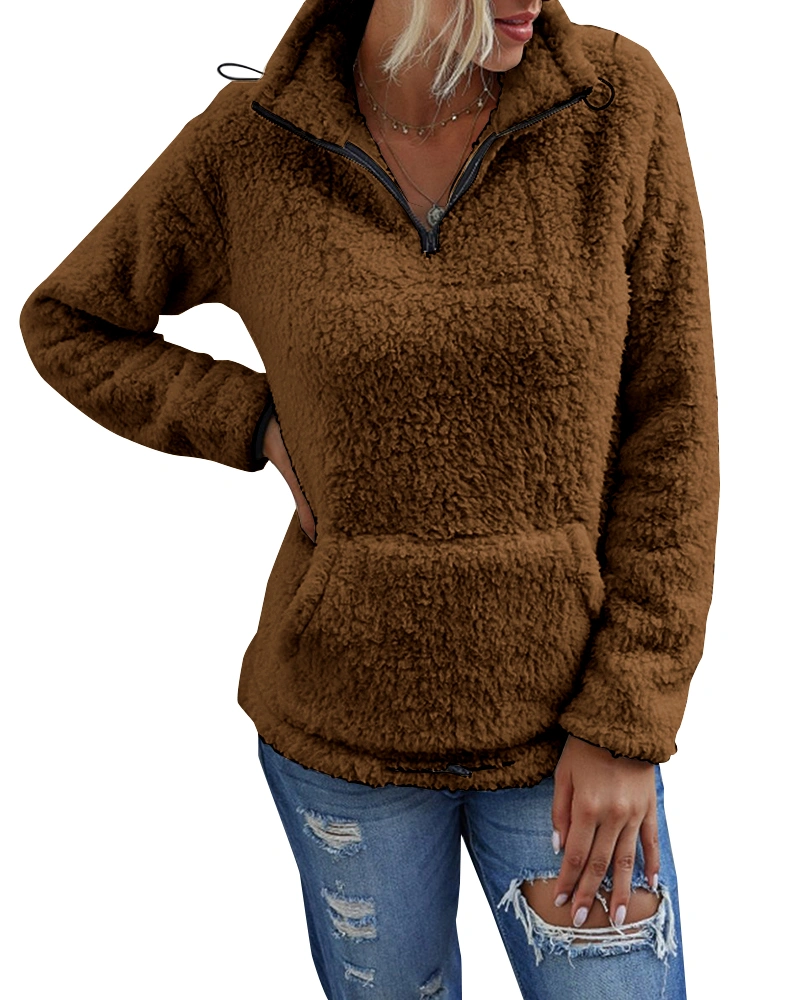 Women Fuzzy Sherpa Fleece Pullover Sweatshirts Quarter Zip Long Sleeve Stand Collar Front Pocket Fluffy Plush Teddy Coat